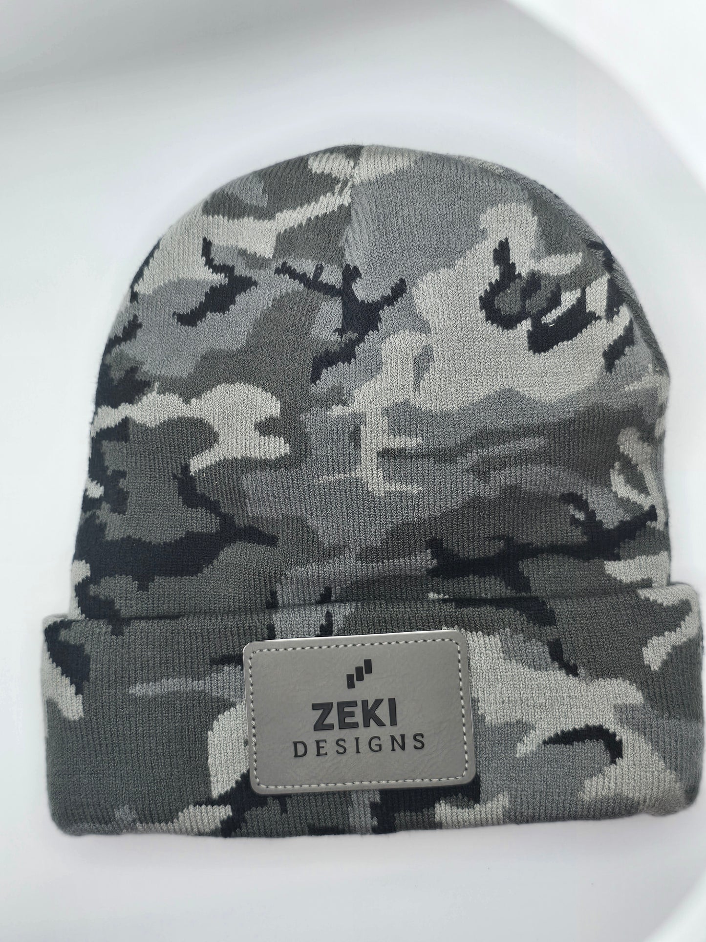 ZEKI Branded Beanie - Grey Camo with Leather Patch