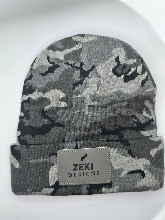 ZEKI Branded Beanie - Grey Camo with Leather Patch