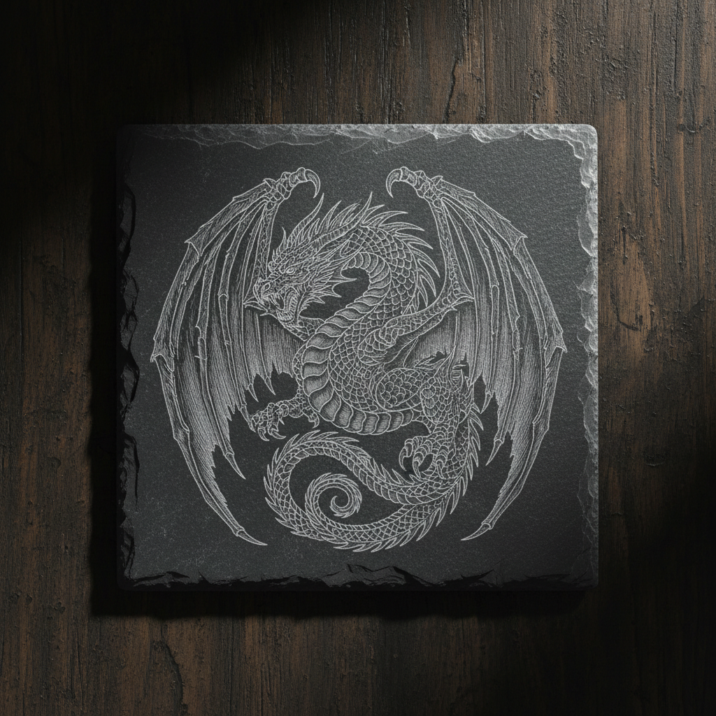 Dragon engraved square slate coaster