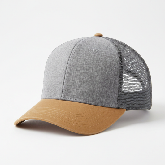 Caramel, heather grey and charcoal trucker hat side view