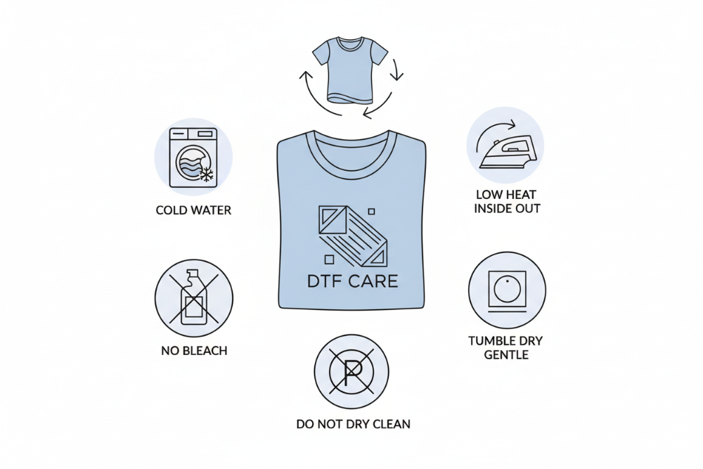 picture illustrating  care instructions for DTF transfer printed garment