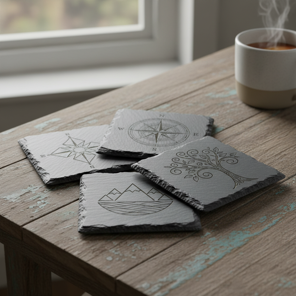 Set of 4 matching engraved coasters stacked