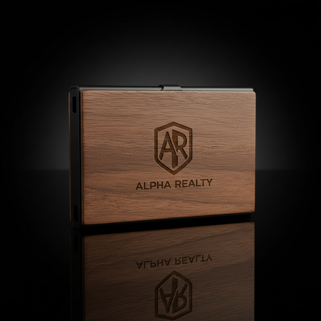 Wooden business card case with company logo engraving